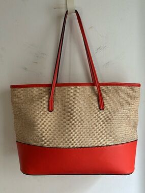 Izzy & Ali Straw Tote Bag Orange Faux Leather Trim Large Beach Shopper Shoulder